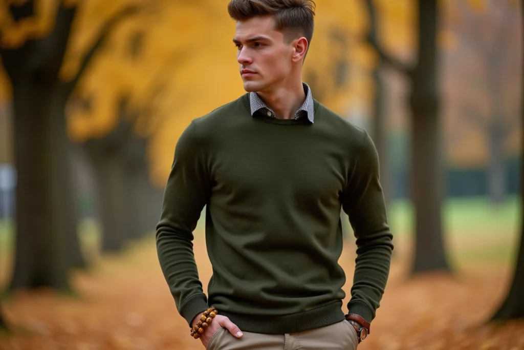 Homme en pull vert olive portant un bracelet en oeil de tigre dans un parc en automne, style décontracté chic masculin