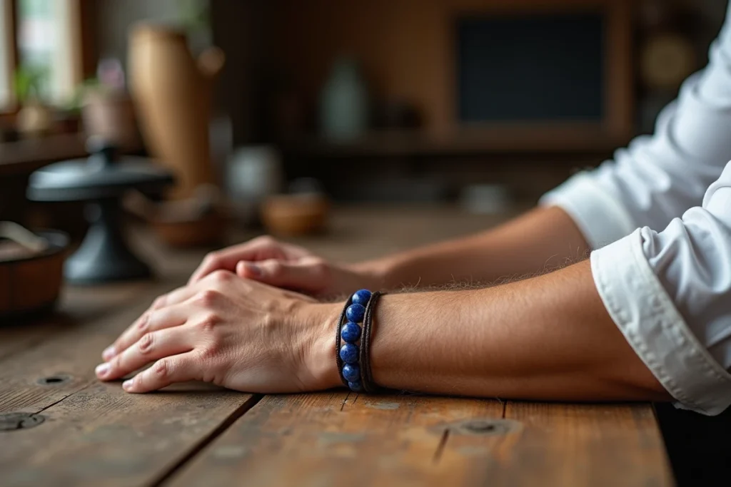 Gros plan sur un bracelet en lapis lazuli porté par un homme aux avant-bras posés sur une table en bois, style artisan élégant