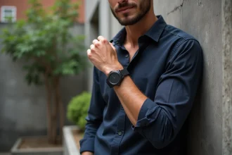 Homme portant un bracelet en pierre naturelle onyx noir au poignet, associé à une montre minimaliste, style urbain contemporain