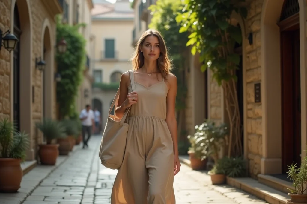 Femme en robe longue coton beige marchant dans une rue pavée européenne, style vestimentaire minimaliste et capsule wardrobe au quotidien