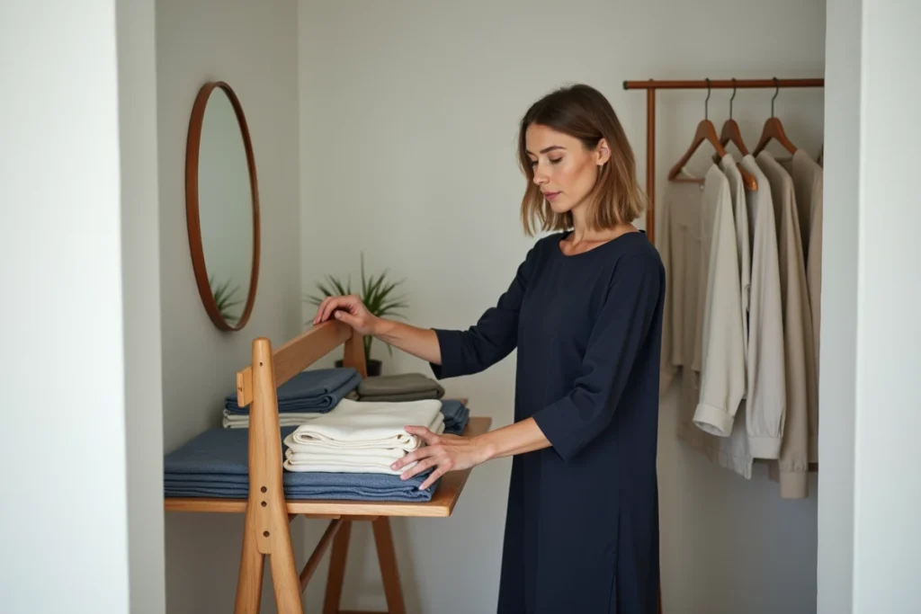 Femme en robe coton bleu marine dans un dressing minimaliste avec portant vêtements capsule, illustration d'une garde-robe épurée et fonctionnelle
