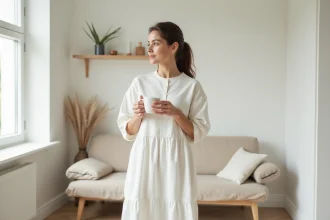 Femme portant une robe en coton blanc minimaliste dans un appartement scandinave épuré, tenant une tasse de café, ambiance garde-robe capsule