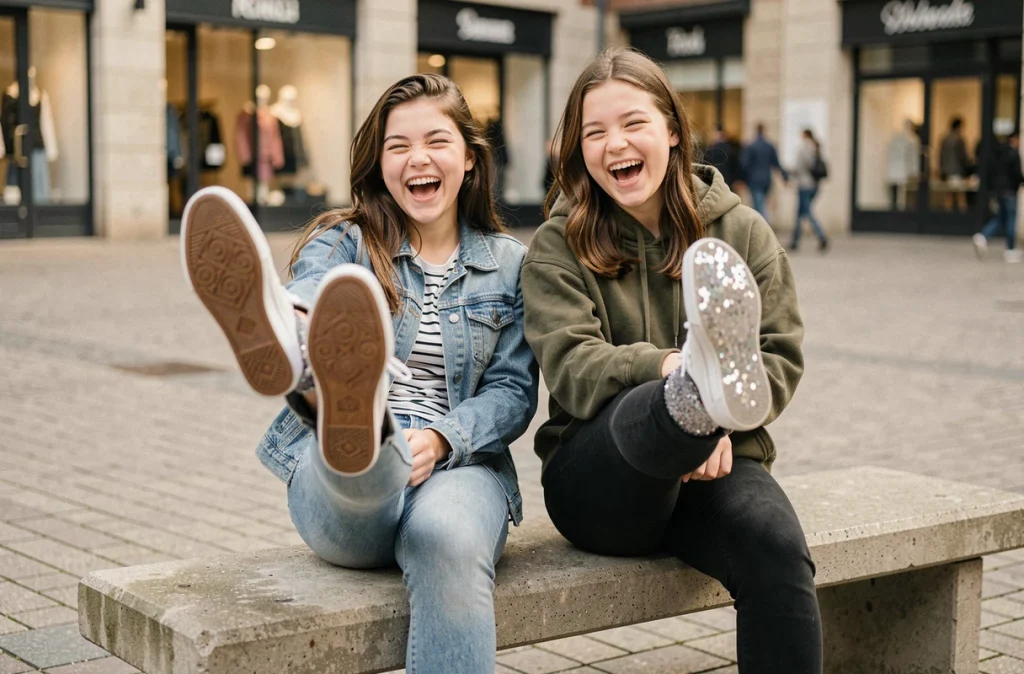 Deux adolescentes assises sur un banc urbain montrant leurs chaussettes paillettes au-dessus de leurs baskets