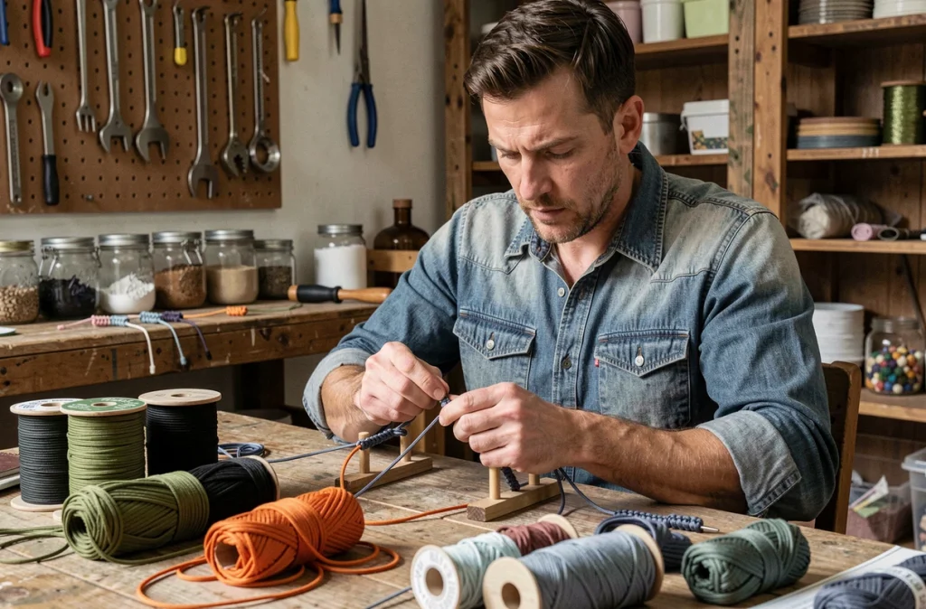 Artisan homme tressant un bracelet en paracord sur un gabarit dans un atelier de fabrication avec des bobines de cordes multicolores