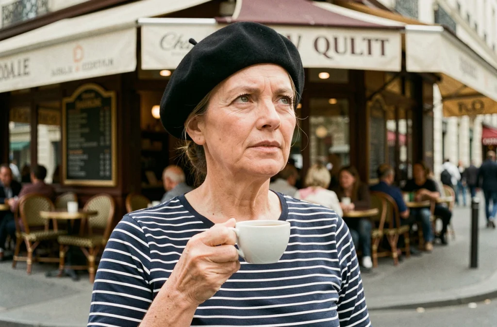 Femme française d'âge mûr portant un béret noir classique devant une terrasse de café parisien