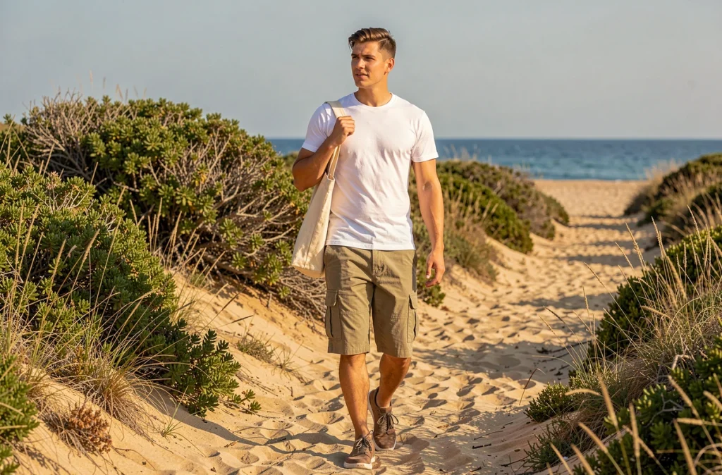 Jeune homme portant un bermuda cargo kaki sur un chemin de plage méditerranéen en été