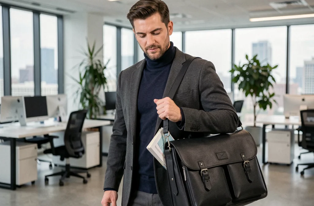 Professionnel en blazer gris avec une besace en cuir noir dans un bureau contemporain vitré