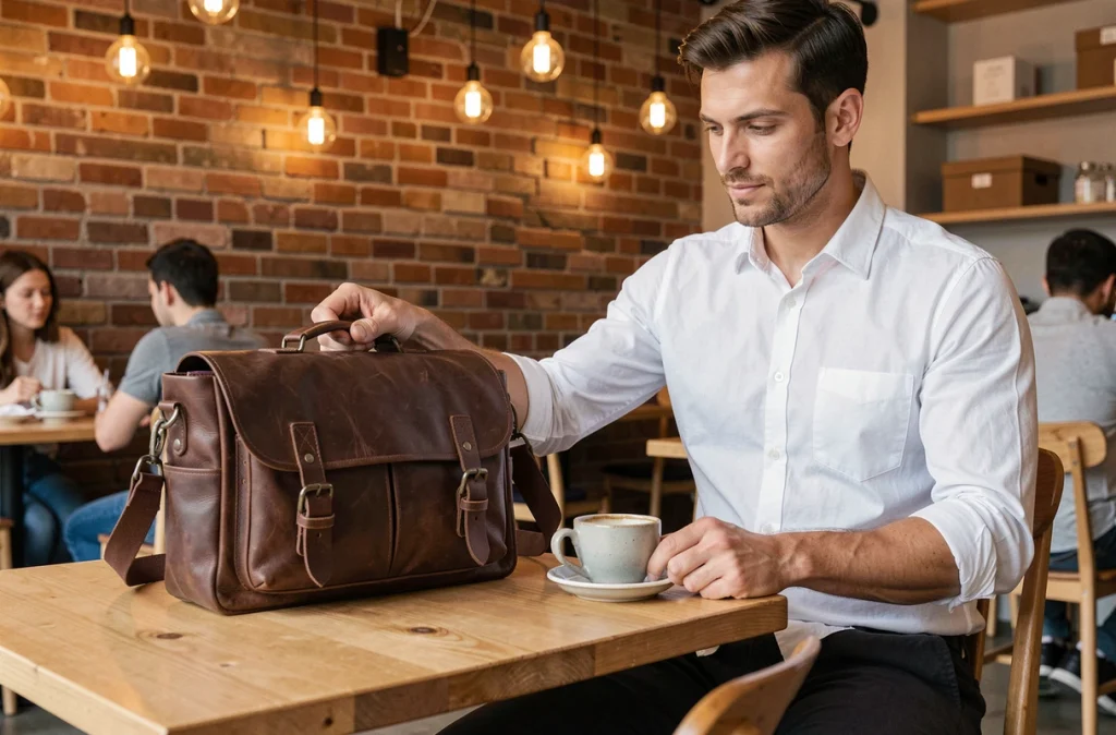 Homme en chemise blanche avec une besace en cuir marron foncé posée sur une table de café moderne