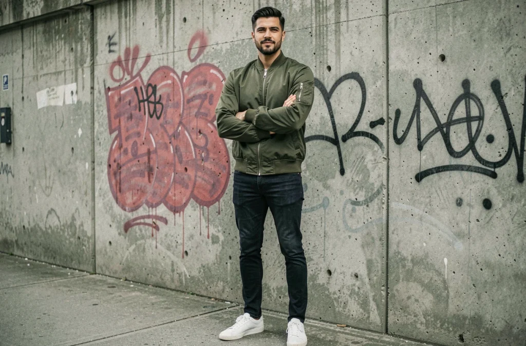 Homme en blouson bomber vert olive devant un mur urbain en béton avec graffitis