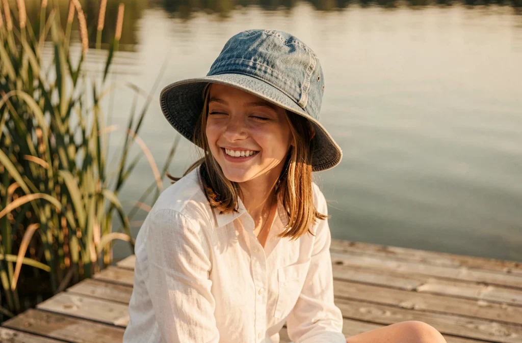 Adolescente portant un bob en denim délavé assise sur un ponton en bois face à un lac en été