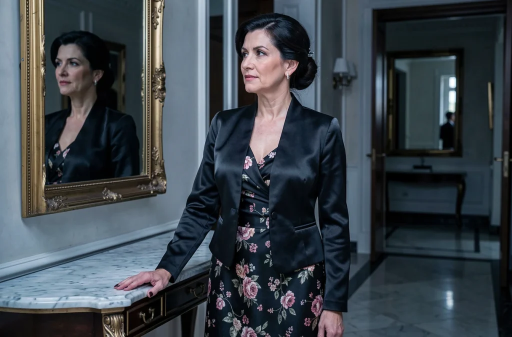 Femme élégante portant un boléro en satin noir sur une robe à fleurs dans le hall d'un grand hôtel