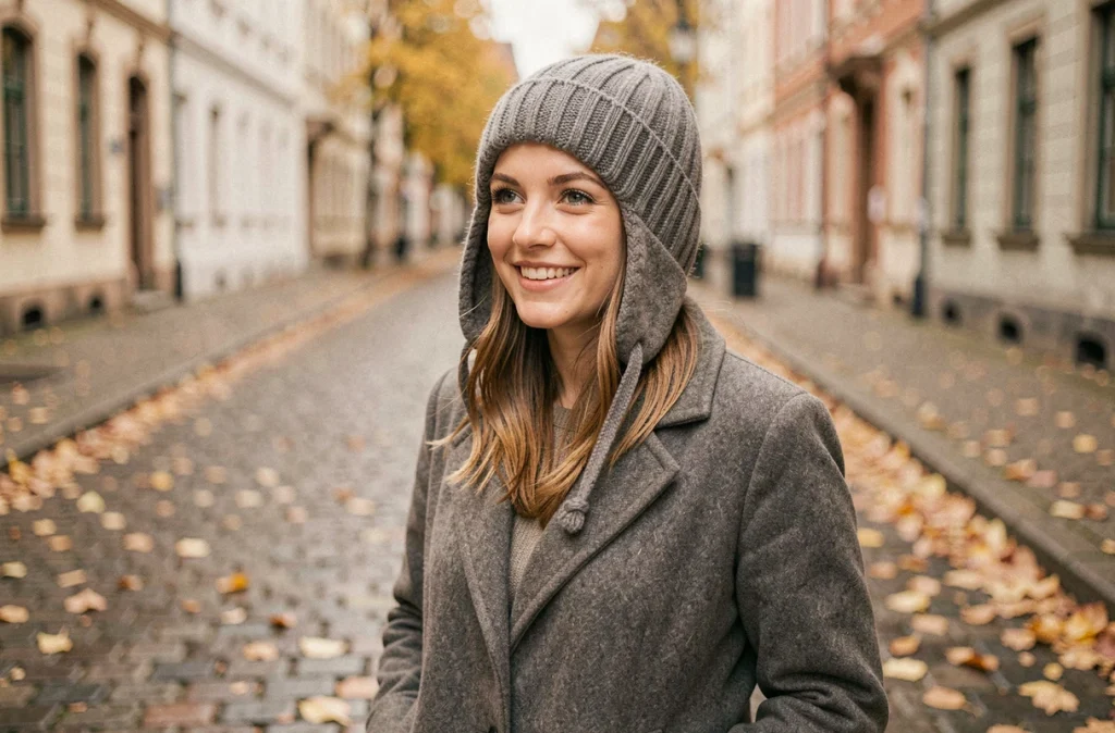 Jeune femme portant un bonnet en laine grise tricoté sur une rue pavée en automne