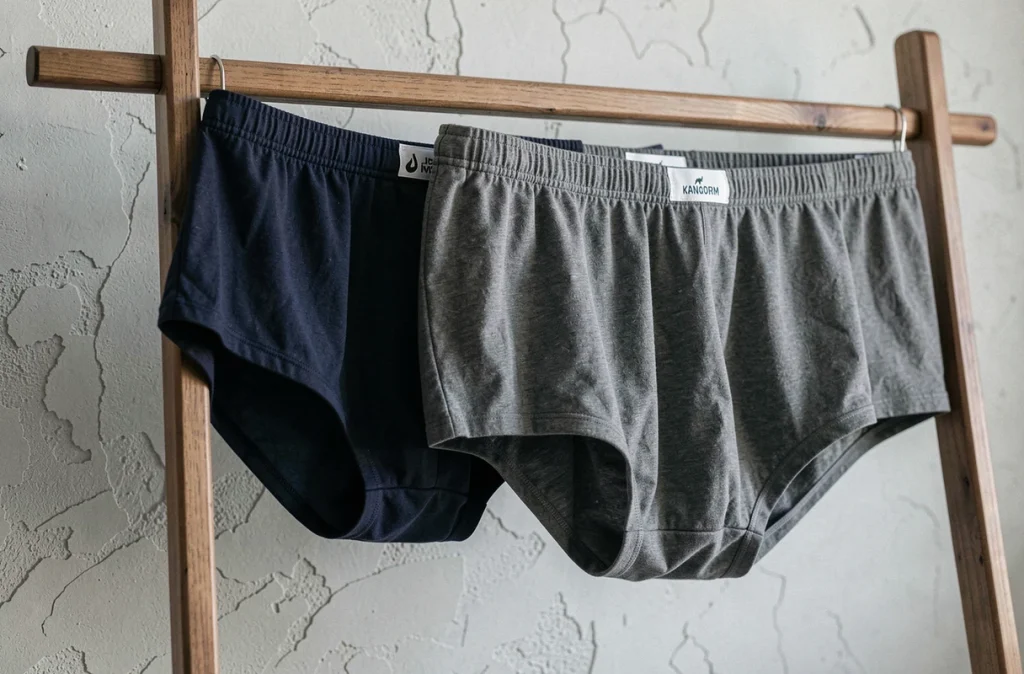 Boxer classique et slip kangourou pour homme suspendus à un portant en bois, vue rapprochée des détails de tissu