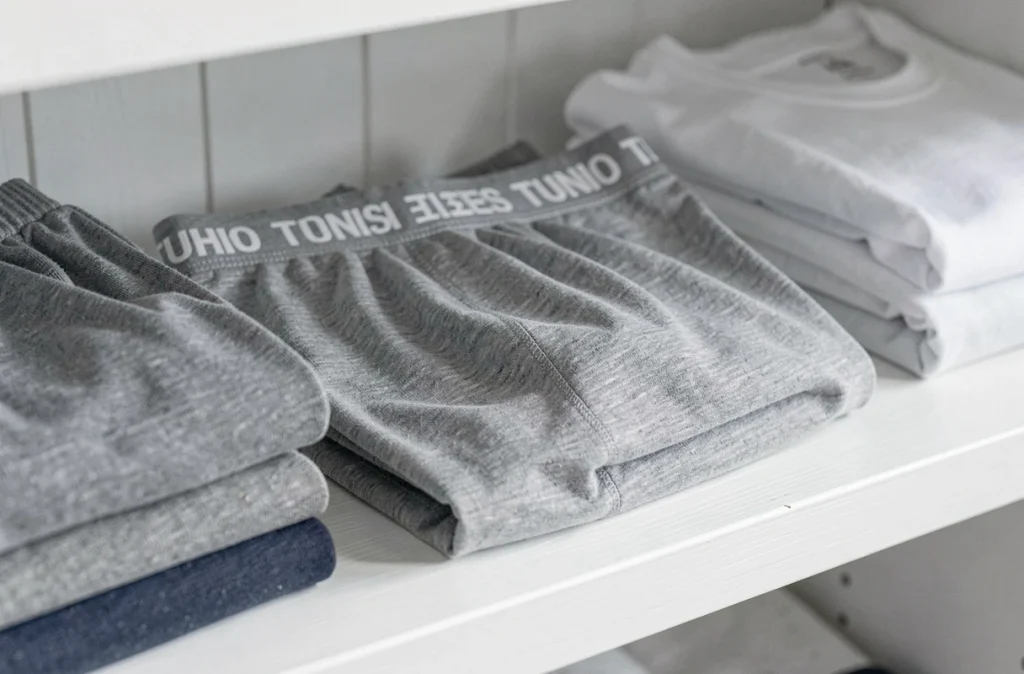Boxer homme en coton gris soigneusement plié sur une étagère en bois blanc avec d'autres vêtements