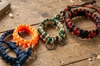 Bracelets en paracord aux combinaisons de couleurs marine-orange, vert forêt-beige et noir-rouge, disposés en flat lay sur une table en bois rustique