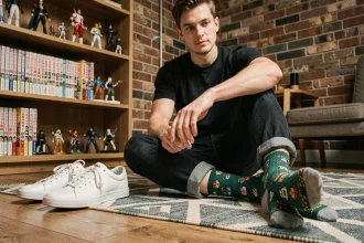 Homme portant des chaussettes geek à motifs pixel art en 8 bits, assis sur un parquet dans un appartement décoré de mangas et figurines de collection