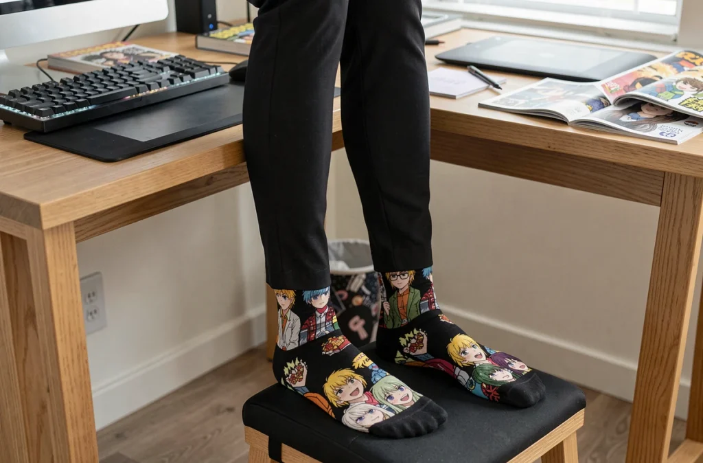 Chaussettes manga colorées portées par une femme dans un bureau geek entouré de mangas et d'une tablette graphique