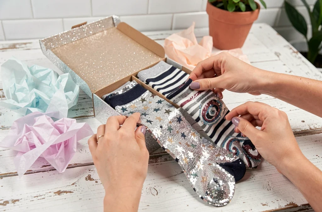 Coffret cadeau chaussettes paillettes ouvert avec plusieurs paires étalées sur une table en bois blanc
