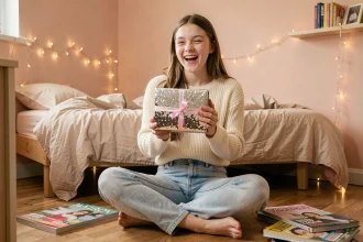 Adolescente souriante tenant un coffret chaussettes paillettes dans sa chambre cosy aux tons pastels