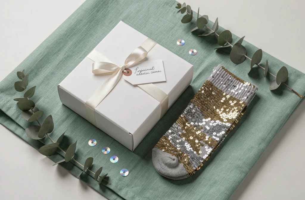 Coffret chaussettes paillettes fermé avec une paire déposée sur tissu vert sauge, idée cadeau pour ado