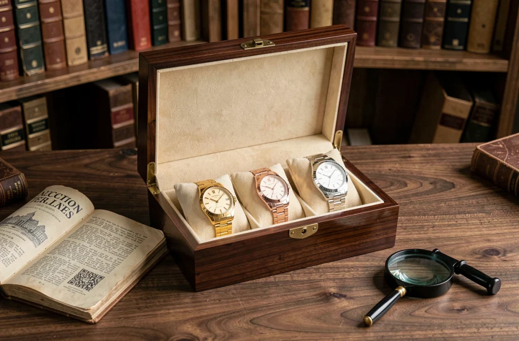 Boîte de collection en acajou ouverte présentant trois montres vintage de luxe en or sur des coussins en daim crème sur un bureau d'antiquaire