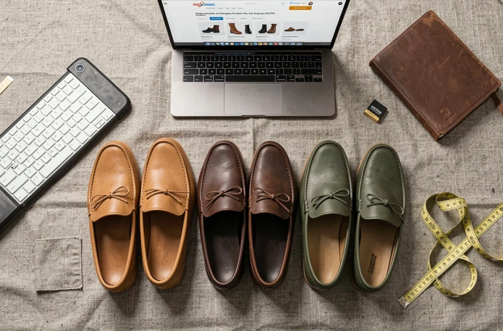 Comparaison de plusieurs paires de babouches pour homme avant achat en ligne, pose à plat avec ordinateur et accessoires de mesure