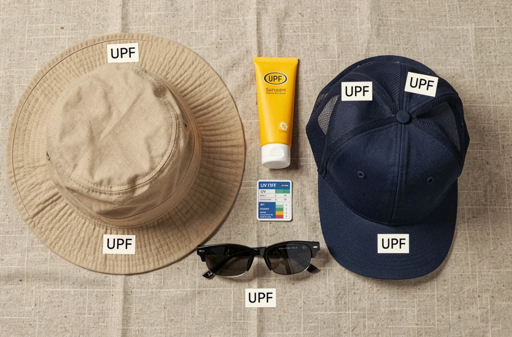 Comparaison flat lay bob et casquette anti-UV avec indice UPF, crème solaire et accessoires de protection contre le soleil