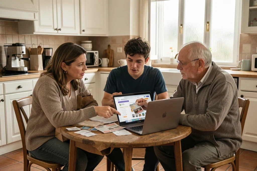 Groupe de consommateurs français comparant des prix et promotions sur internet autour d'une table avec des sacs de shopping et des reçus