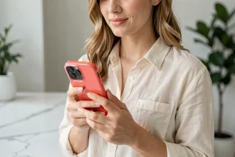 Jeune femme tenant un smartphone avec une coque transparente révélant le dos coral rouge de l'appareil, dans un appartement minimaliste moderne