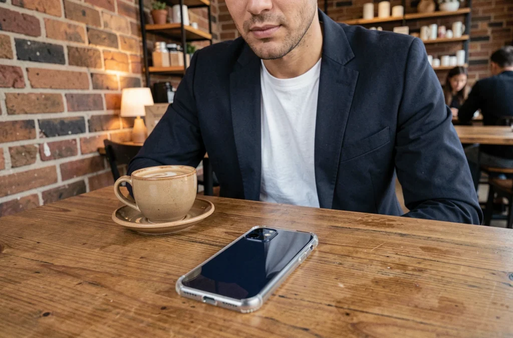 Smartphone bleu nuit avec coque transparente posé sur une table en bois dans un café urbain, vue en plongée légèrement inclinée