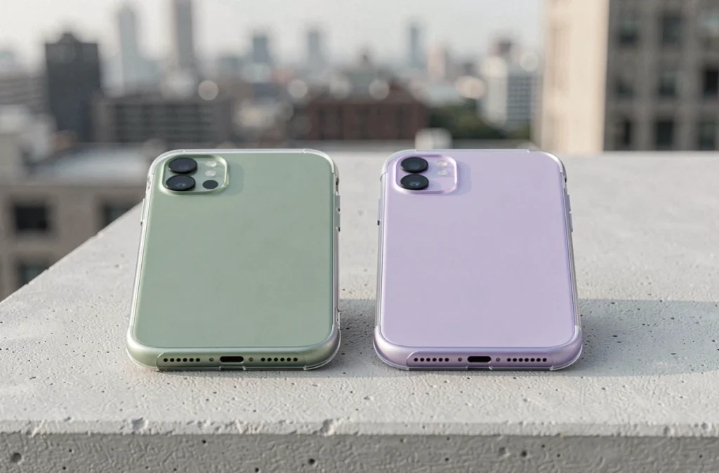 Deux smartphones avec coques transparentes révélant des dos vert sauge et lavande, posés côte à côte sur une surface en béton texturé en extérieur