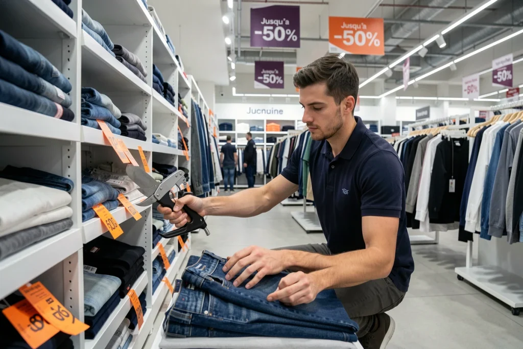 Employé de magasin accrochant des étiquettes de prix réduits sur des vêtements pendant la période des soldes en France