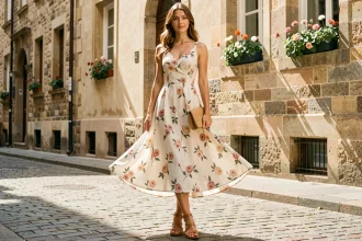 Femme portant un ensemble fleuri midi avec sandales en cuir camel et pochette en osier dans une rue pavée européenne