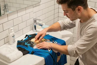Jeune homme lavant délicatement un maillot Blue Lock à la main au-dessus d'un évier blanc, avec une brosse douce et du détergent pour textiles