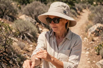 Femme portant un bob anti-UV à large bord sur un sentier de randonnée ensoleillé, comparaison protection solaire chapeau
