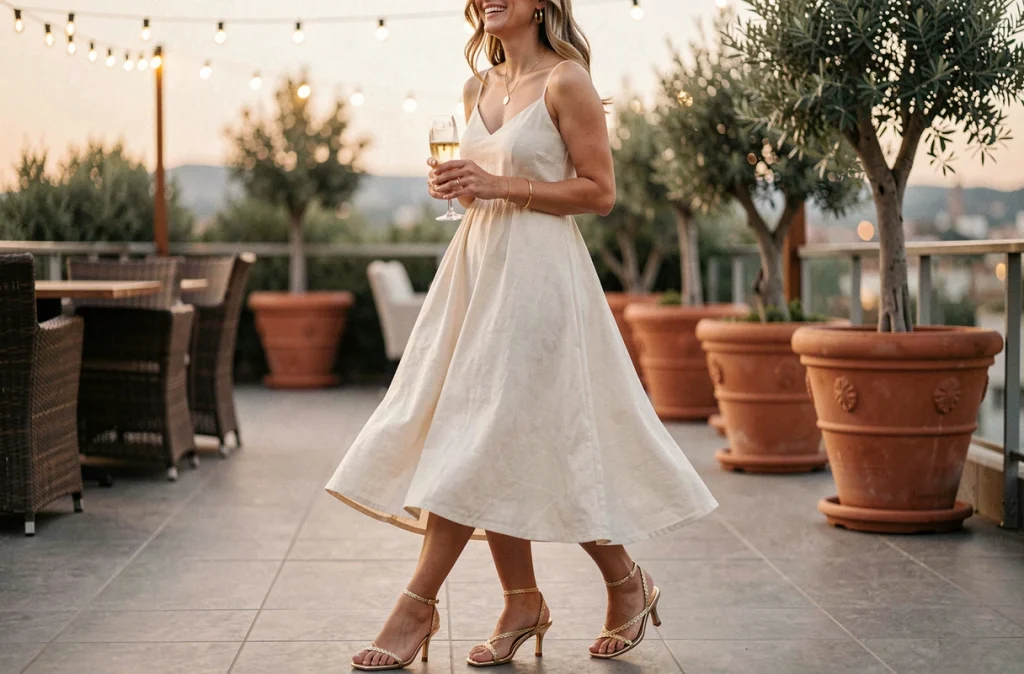 Femme en robe en lin crème portant des sandales dorées à petit talon lors d'une soirée chic en terrasse d'été