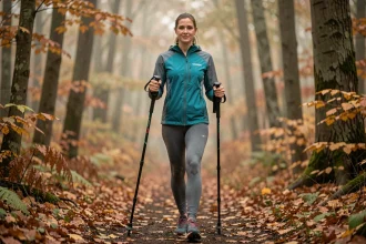 Femme pratiquant la marche nordique en tenue WANABEE sur un sentier forestier automnal avec bâtons de marche