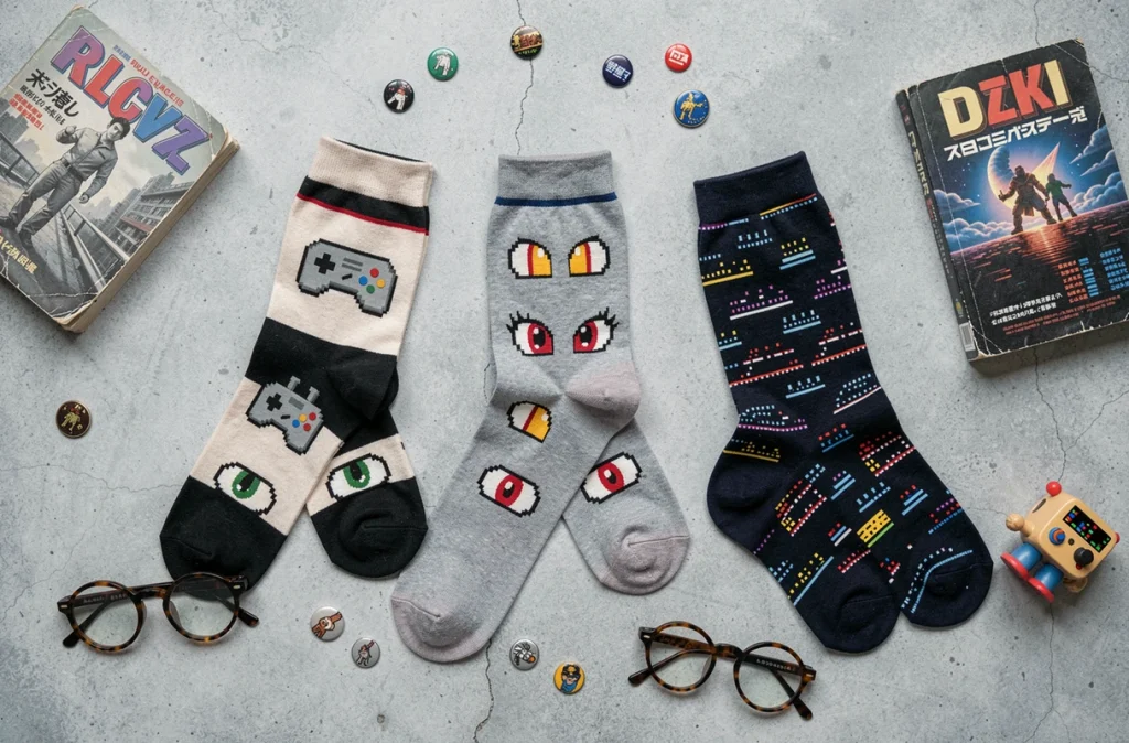 Flat lay de trois paires de chaussettes geek dépliées avec motifs pixel, manga et pop culture sur fond béton gris clair