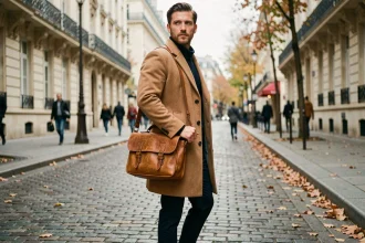 Homme élégant en manteau camel portant une besace en cuir tan sur les pavés parisiens en automne