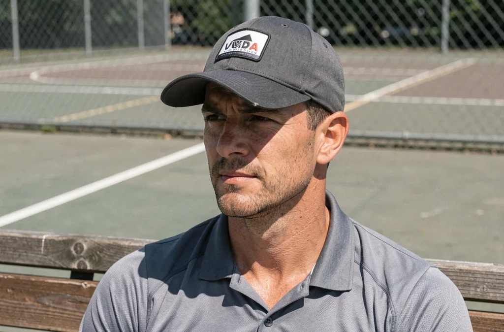 Homme portant une casquette de sport avec protection UV sur un terrain de sport extérieur, oreilles et nuque exposées au soleil