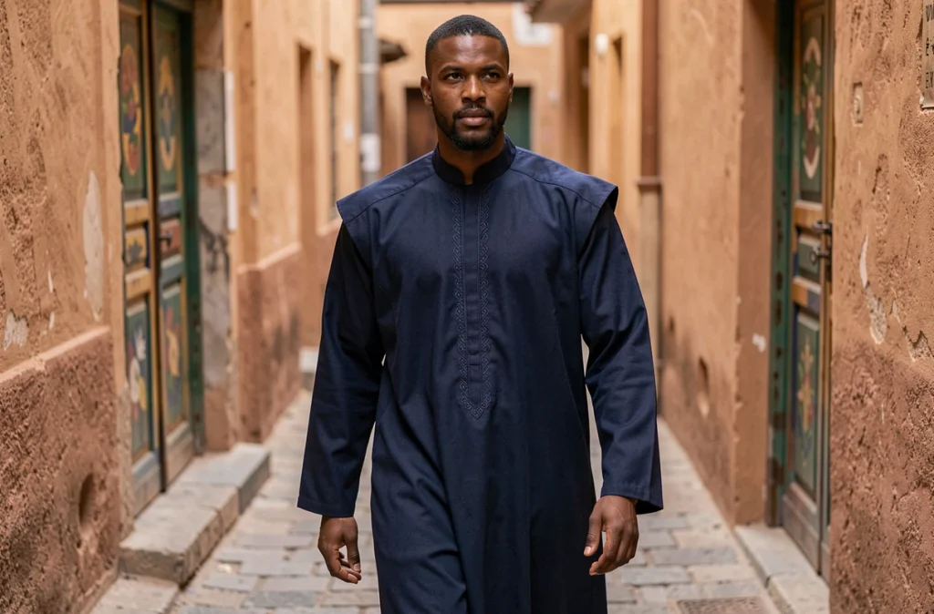Homme nord-africain en djellaba bleu marine marchant dans une ruelle de médina, coupe valorisant la morphologie masculine