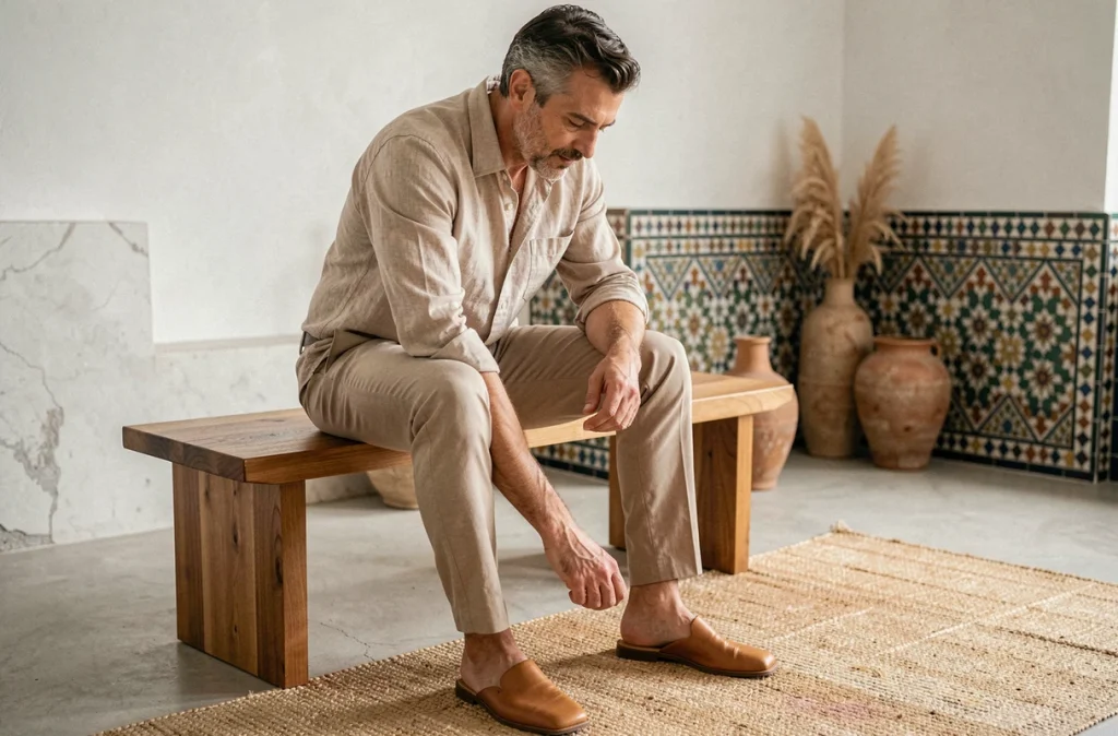 Homme essayant des babouches en cuir tanné dans un intérieur au décor marocain minimaliste, vue 3/4 corps entier