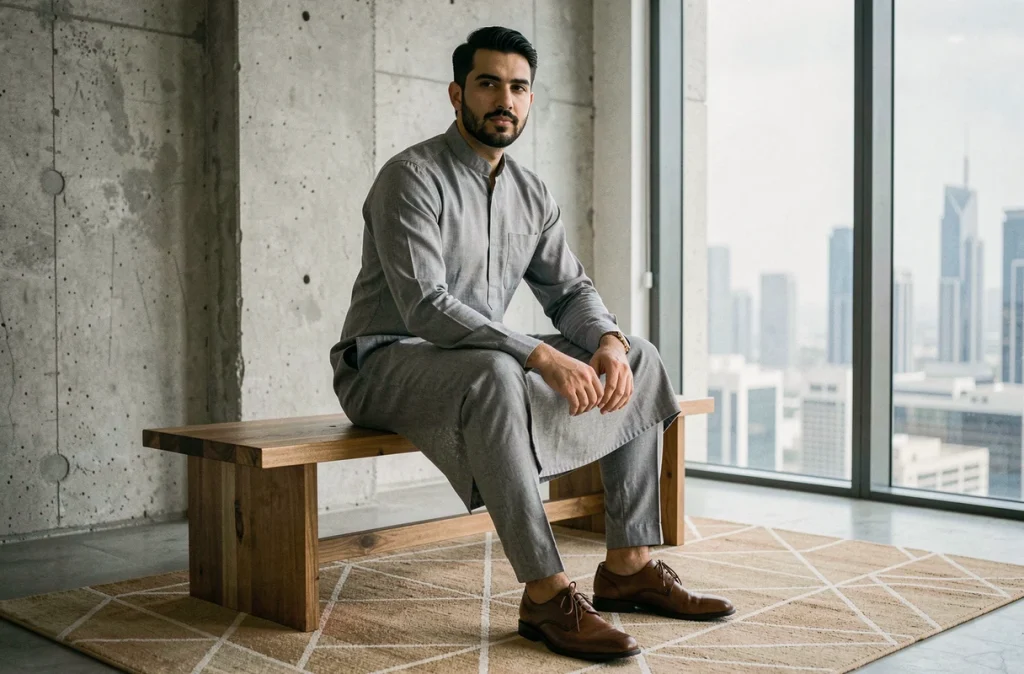 Homme libanais en qamis gris lin taillé moderne assis dans un appartement minimaliste, look arabe contemporain valorisant la silhouette
