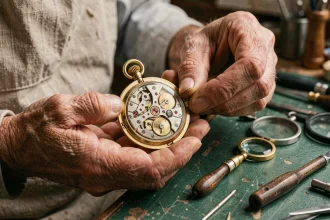 Horloger expérimenté tenant une montre tourbillon de luxe ouverte révélant son mouvement mécanique squelette sur un établi en cuir vert patiné