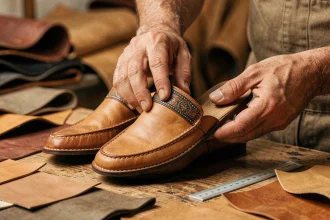 Homme inspectant la qualité d'une babouche en cuir artisanale avant achat, vérification des coutures et de la semelle