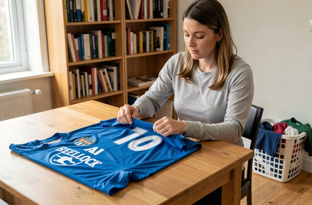 Femme pliant soigneusement un maillot Blue Lock propre sur une table en bois dans un appartement moderne
