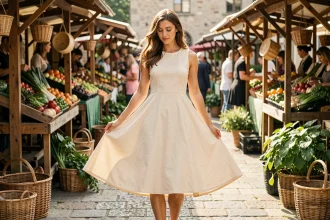 Femme en robe évasée en coton bio crème dans un marché fermier, tissu naturel au vent
