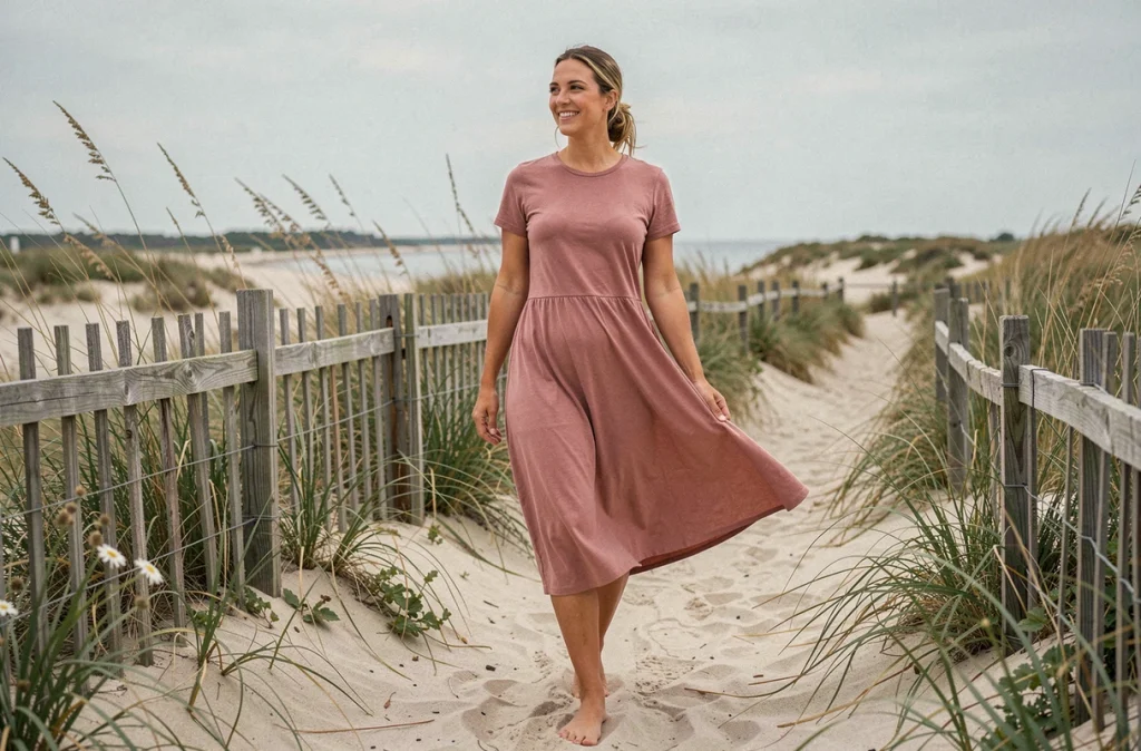 Femme en robe évasée rose coton bio marchant pieds nus sur un sentier côtier en bord de mer