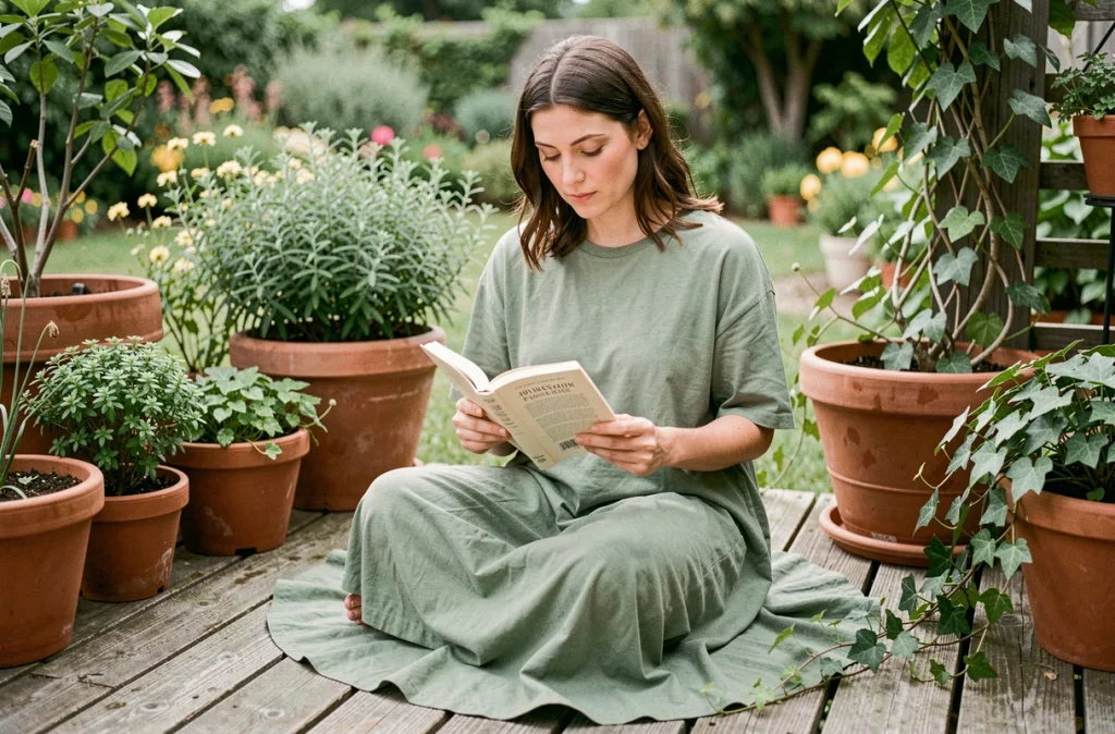 Femme assise en robe évasée vert sauge coton bio sur une terrasse en bois entourée de plantes