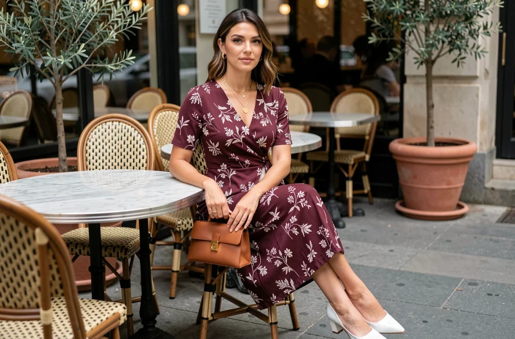 Femme en robe portefeuille fleurie bordeaux avec mules blanches à talon bloc et colliers dorés en terrasse de café parisien